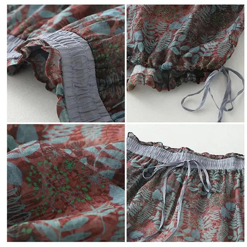 Vintage Floral Print Thin Ramie Pants Women Summer Elastic Waist Ankle-Length Trousers Loose Wide Legs Pants