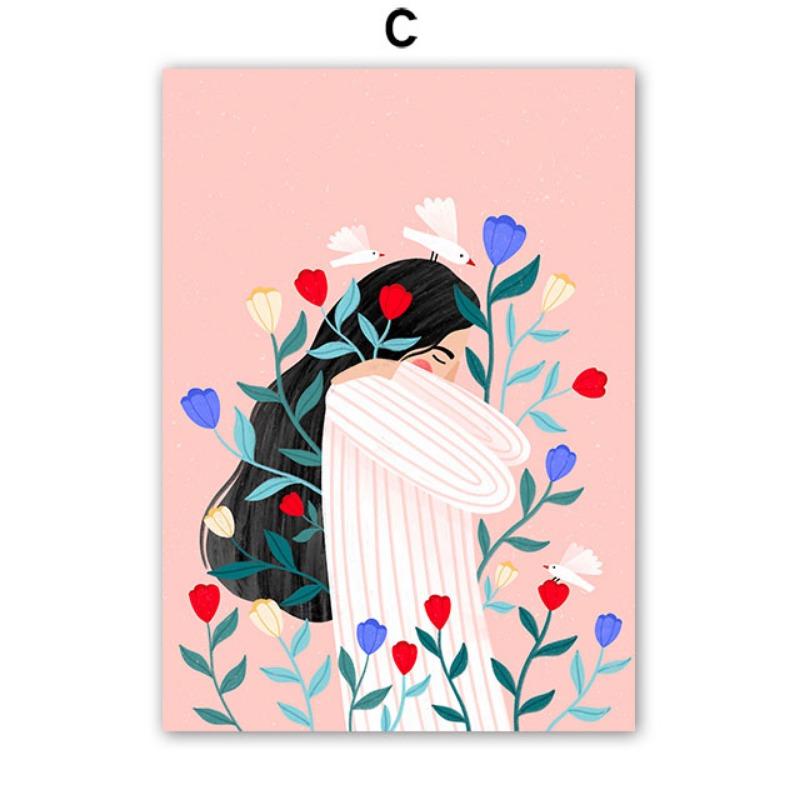 Boho Fashion Girl Flowers Vase Illustration Wall Art Canvas Painting Abstract Poster And Prints Pictures For Living Room Decor