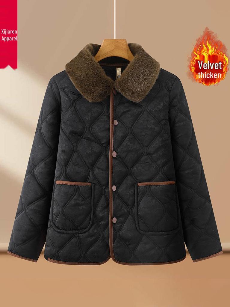 Stylish Floral Velvet-Enhanced Cotton Jacket for Middle-Aged Women - Short, Warm Autumn/Winter Wear for 50+.