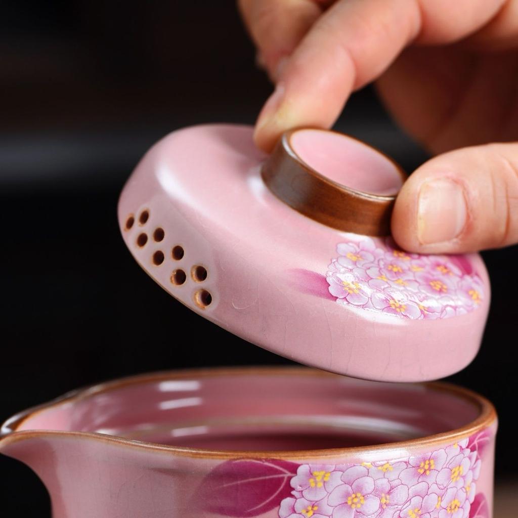 Fenru Hydrangea Tea Set, Hand-held Pottery Teapot From Ru Kiln, New Style with Exquisite Patterns, 1 Teapot and 2 Tea Cups