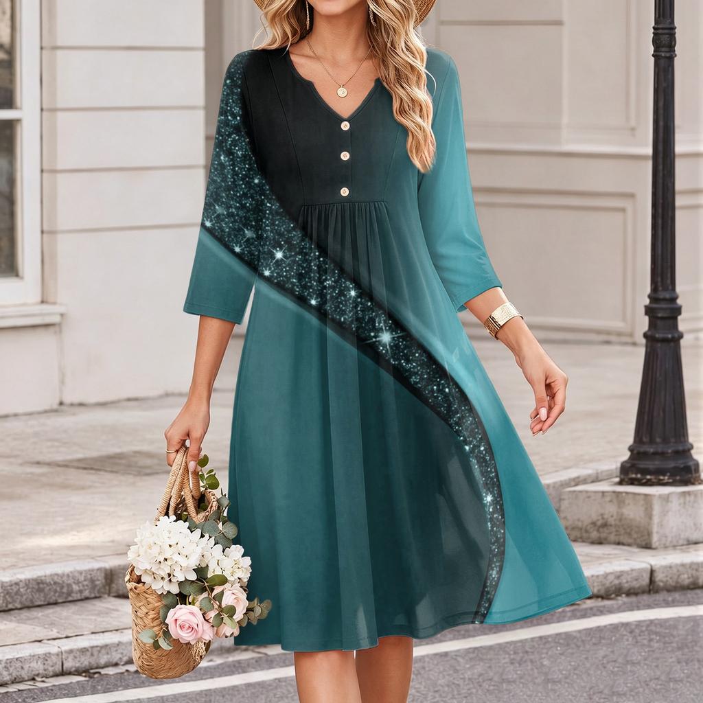 Women's Casual Floral Print Dress with V-Neck and Three-Quarter Sleeve