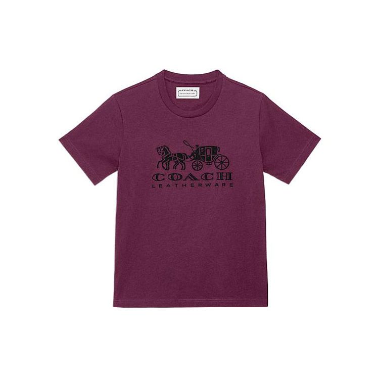 Coach FW22 Carriage Pattern Printed Round Neck Short Sleeve T-Shirt Women Tops Deep-Berry C9117-C0J S