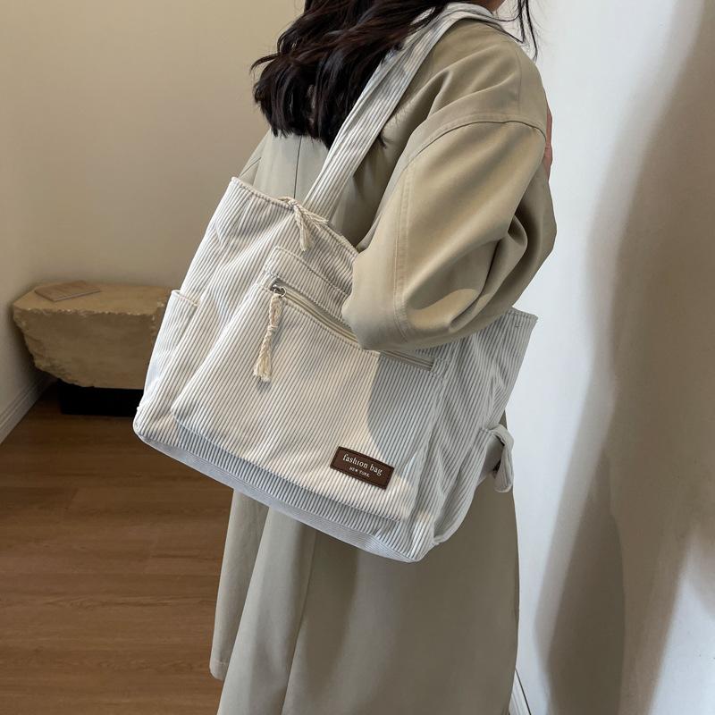 Simple Corduroy Tote Bag, Solid Color Shoulder Bag, Retro Multi Pockets Handbag For School Work Shopping
