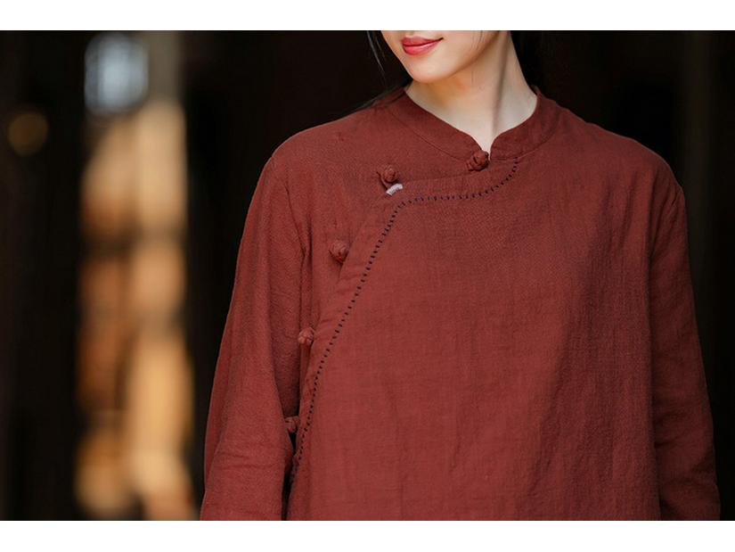 New Women's Cotton Linen Retro Stand Collar Shirt with Frog Buttons