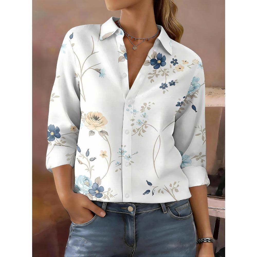 Casual Fashion Women's Outdoor Long Sleeve Cardigan Shirt, Machine Washable, Lapel Button, Printed Shirt