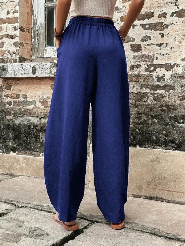 Women's Solid Color Casual Pants with Pockets and Elastic Waist.