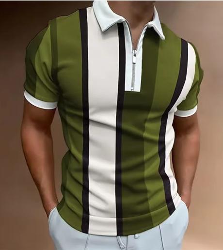 Men s short-sleeved polo shirt Casual business shirt with striped zipper Fashion 2025 summer new zipper polo shirt S