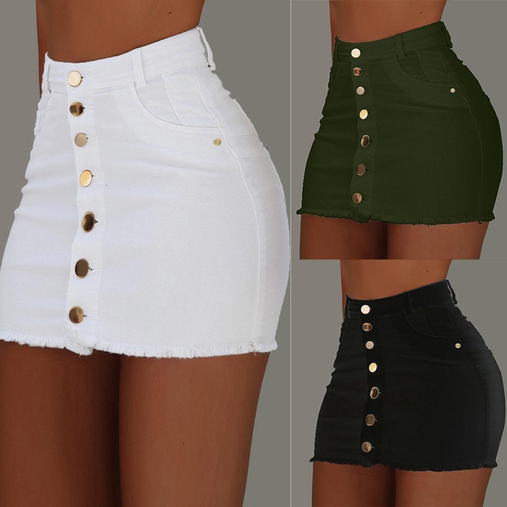 Women's Fashion Slim Solid Color Pocket High Waist Bust Denim Skirt Short Skirt