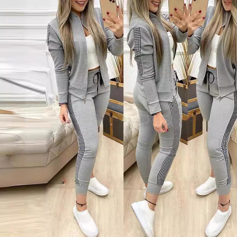 

Женский костюм-двойка Осень Женский спортивный костюм Топ на молнии + Брюки Повседневный спортивный костюм Весна Женский костюм-двойка S