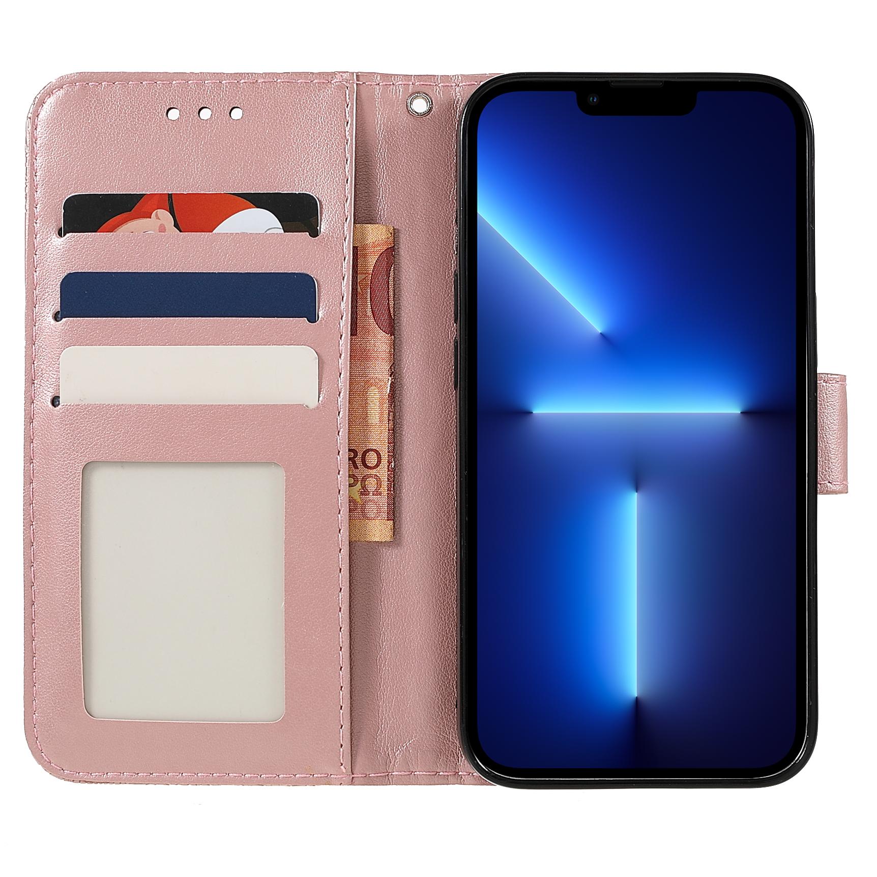 

For iPhone 15 Pro Case Lace Flowers PU Leather Flip Wallet Phone Cover Rose Gold