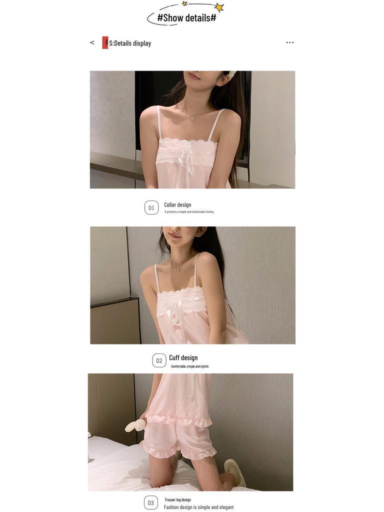 Kadın Yazlık Bulut Pamuklu Göğüs Pedli Pijama Takımı, Spagetti Askılı, Şortlu ve Seksi Saf Stil.