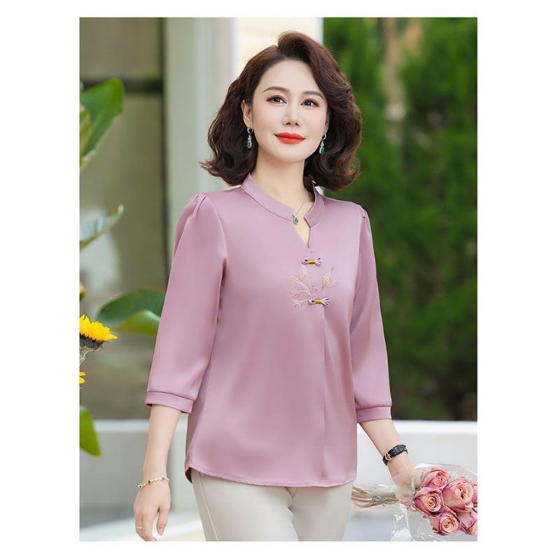 Chinese Style Mandarin Collar Blouse Embroidered Butterfly Half Sleeve Casual Women's Top