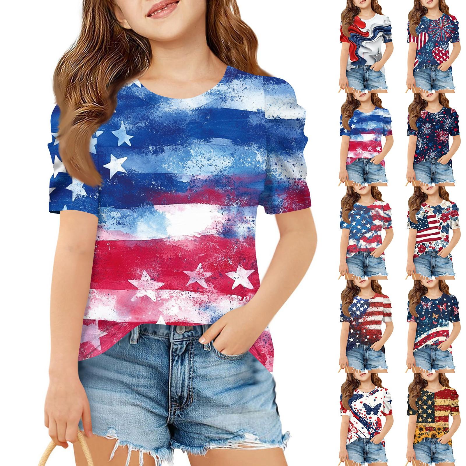 

Summer Girls Short-Sleeved Top, Children s Round-Neck Independence Day Casual T-shirt 140 чорний