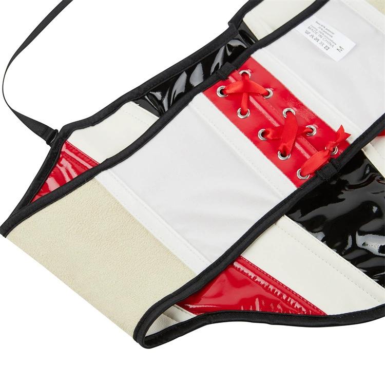 JYL TS PU leather neck hanging black, white, and red color patchwork chest support sexy top
