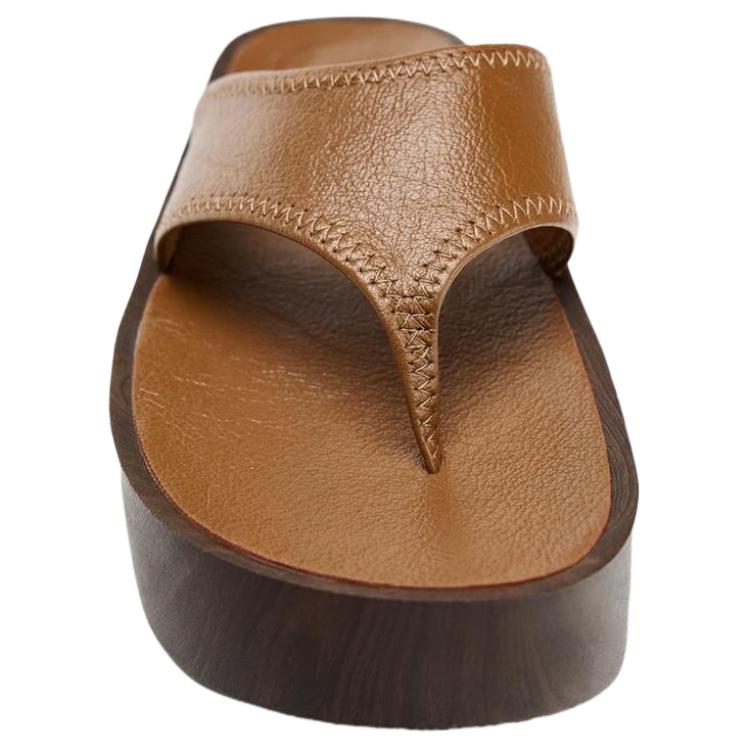 Zara Goat Leather Slip-On Open-Toe Soft Leather Thick-Soled High Heels Anti-Friction Flip-Flops Women Footwear Brown 2631510105