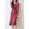 V-Neck Wool-Cashmere Sweater Dress for Women - Slim Fit, Mid-Length, Over-the-Knee, Autumn/Winter Style