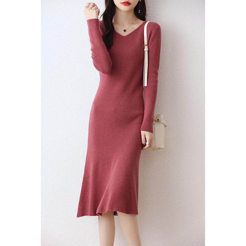 V-Neck Wool-Cashmere Sweater Dress for Women - Slim Fit, Mid-Length, Over-the-Knee, Autumn/Winter Style