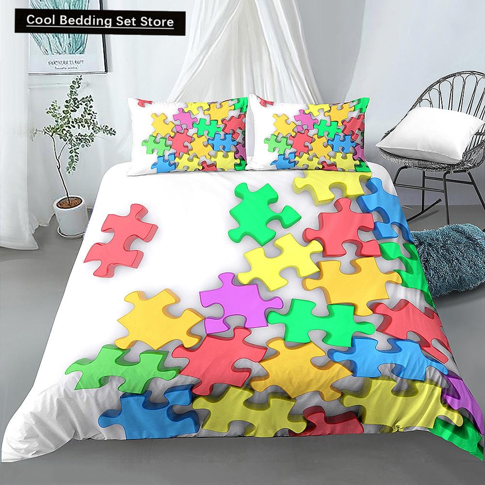 Colorful Toy King Queen Duvet Cover 3D Building Block Pattern Bedding Set Fun Brick Quilt Cover Gradient Rainbow Comforter Cover