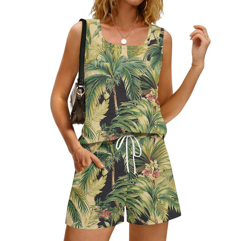 Completo estivo casual da donna con stampa floreale, canotta a collo quadrato senza maniche, abbigliamento sportivo con tasche e pantaloncini, outfit leggero e confortevole