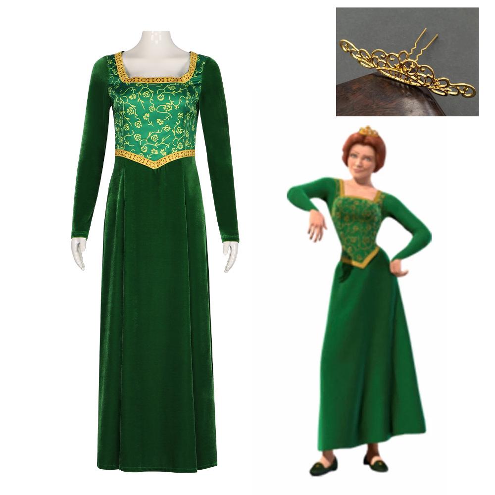 Princess Fiona Cosplay Costume Anime Shrek Wife Green Fiona Cos Dress Wigs Outfit ForLadies Women Long Dress Halloween Headgear