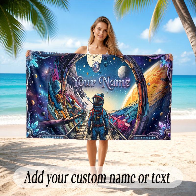 Space Cosmic Theme Soft Beach Towel Personalized Custom Name Text Towel Portable for Beach Pool Travel