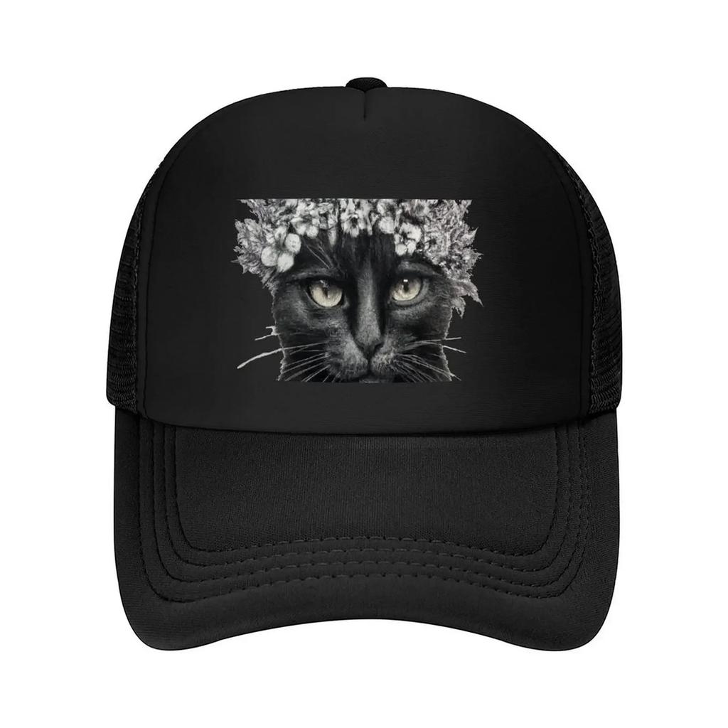 Pencil Sketch Art of Black Cat In Flower Crown Baseball Cap Luxury Brand Brand Unisex Cap Hood Anime Hat Hats For Women Unisexs