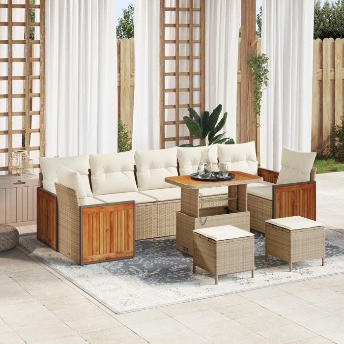 10 pièces de canapé de jardin avec coussins beige poly rattan acacia, Canapé de jardin 2 places avec coussins beige poly 3363291
