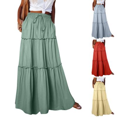 Saia Feminina da Moda Cor Cintura Elástica Solta Casual Cintura Alta Amarração Saia Longa