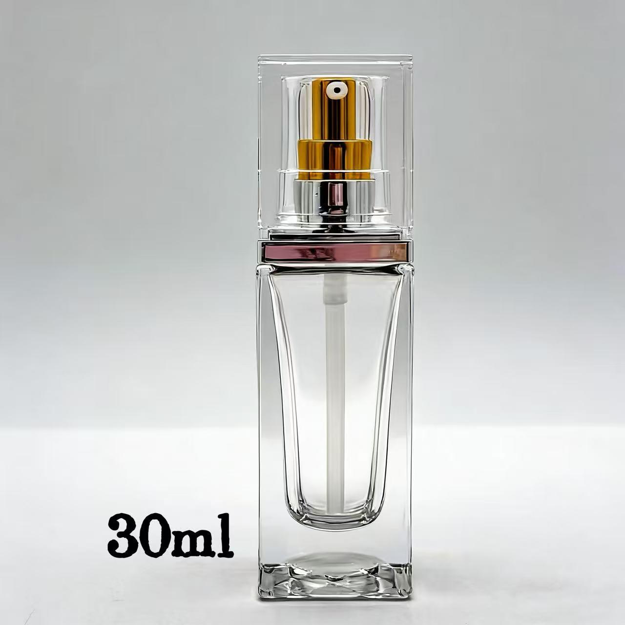 30ml Square Glass Serum Bottle with Pump and Electroplated Cap Transparent glass bottle