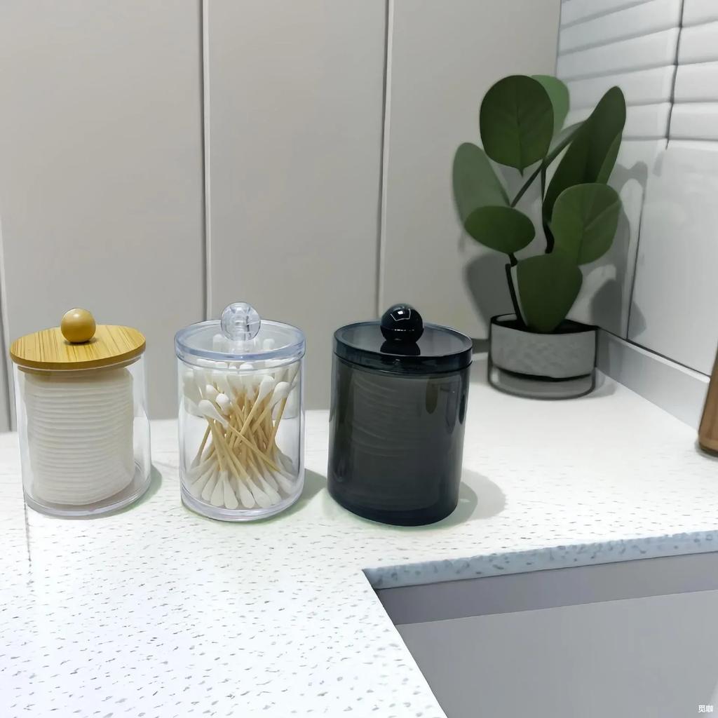 Suport Dispenser Qtip Negru Transparent cu Capace - Recipiente Borcan Farmacist pentru Depozitare Organizator de Măsuță de Toaletă - Set Accesorii Baie