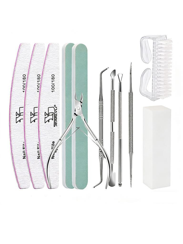 12Pcs Nail Care Kit, Nail File Buffing Block, Cuticle Pusher, Dead Skin Nail Clipper, Brush Accessories Set, Professional Manicure Tools