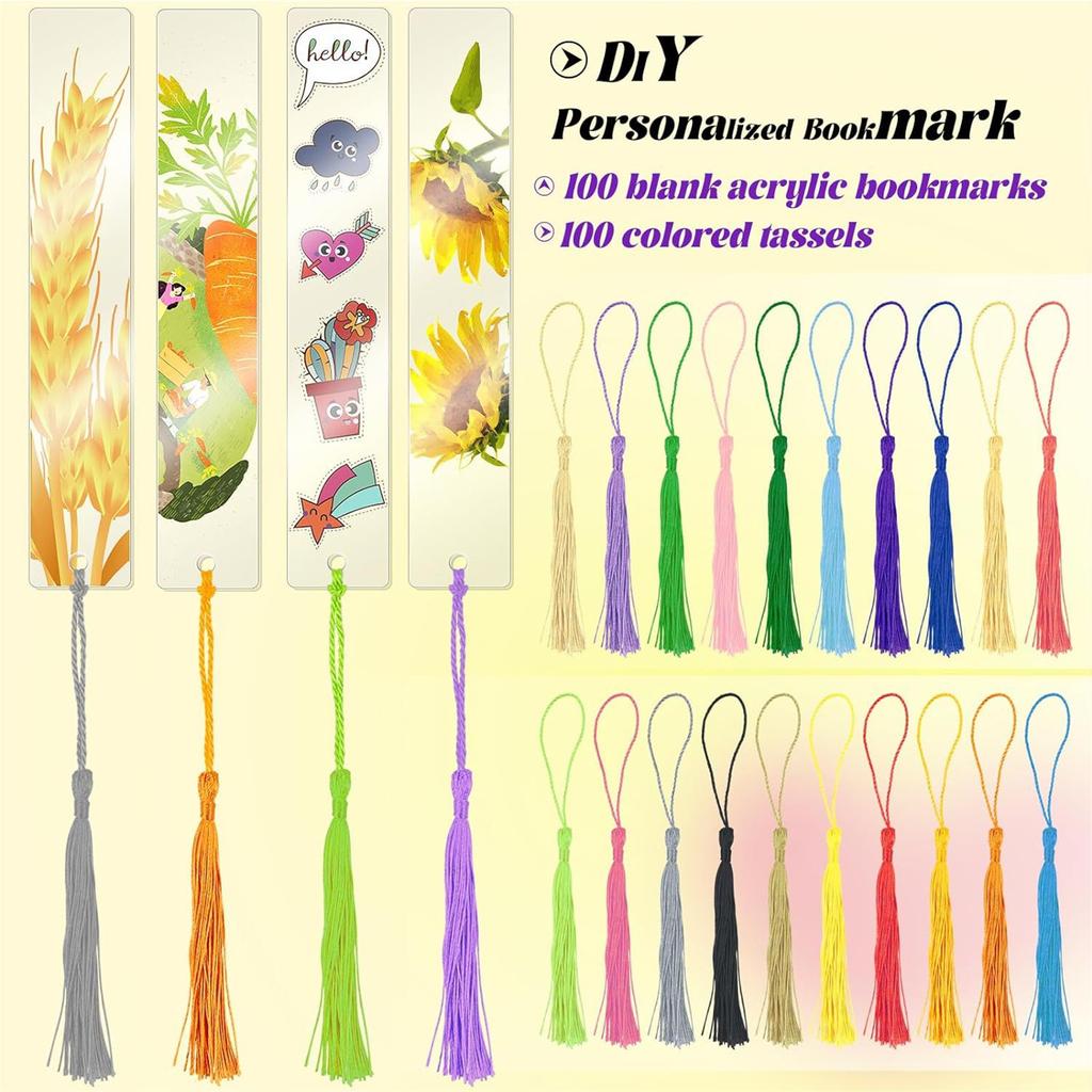 Set of 200 DIY Acrylic Blank Bookmarks Colorful Tassels Bookmark for Crafting and Labeling Jewelry Making Supplies