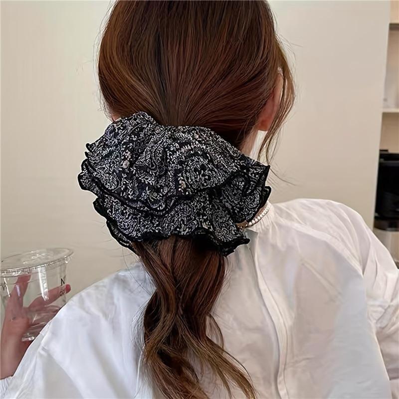 Haargummis für Damen, für den Sommer, süße doppellagige Chiffon-Kopfbedeckung mit Blumenmuster, Rand mit extra großem Darmhaar
