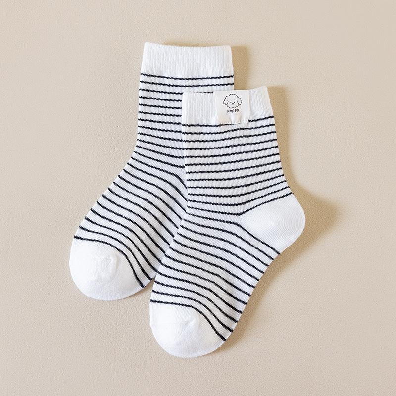 Korean Style Striped Mid-Calf Socks - Cute Cartoon Puppy Label for Kids