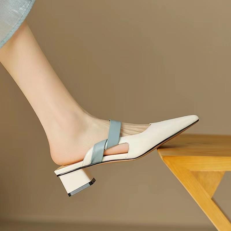 

Босоножки с острым носком женские весна-лето толстый каблук 2025 новые туфли с сумкой на высоком каблуке ретро из мягкой кожи одинарные туфли 39 светло-синий