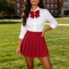 High Waist Pleated A-Line Skirt with Bow Tie for Women Casual School Uniform Style Skirt Adjustable Waistband Mini Skirt