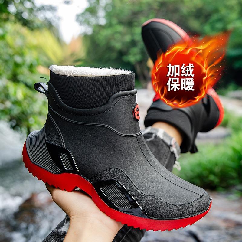 New rain shoes short tube men's adult waterproof shoes women's rain boots non-slip wear-resistant velvet warm fashion water boots