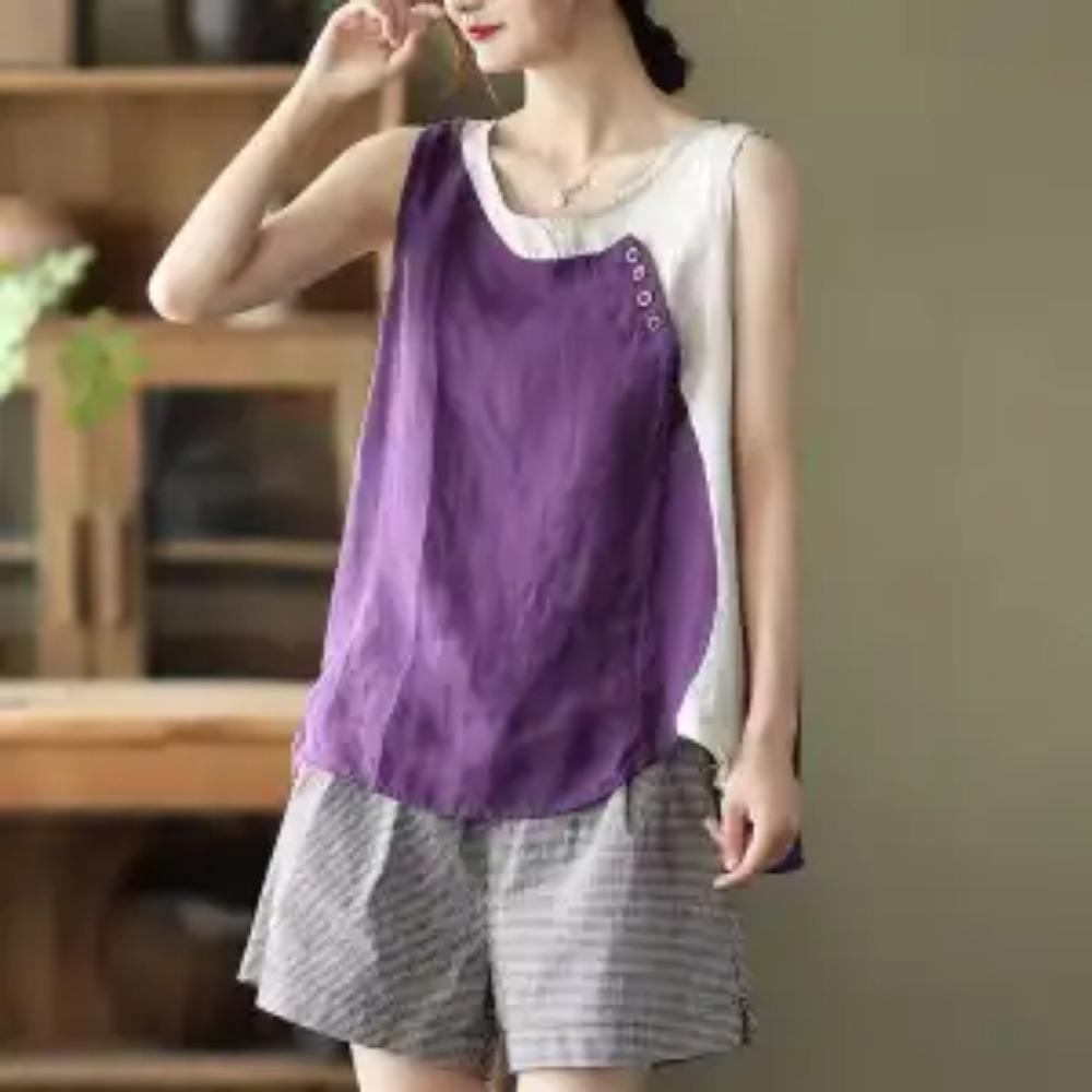 

Summer Women Vintage Contrast Color Patchwork Cotton Linen Tank Tops Y2K Casual O Neck Sleeveless Loose Vest Ropa De Mujer 4XL фіолетовий