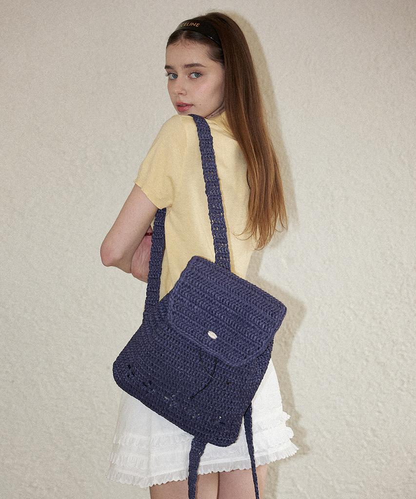 Slowslowly Lily Handmade Crochet Raffia Backpack (+Gift Heart Keyring Included) _ Navy