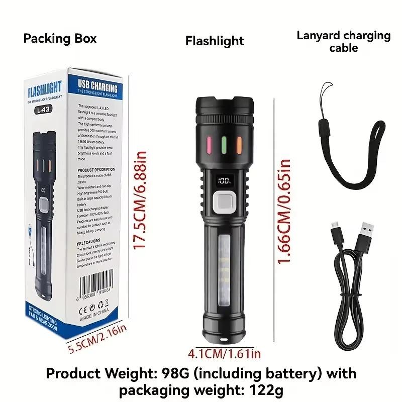 High Power LED Handheld Flashlight with Power Display, Strong Light & Side Light, Bright Torch for Camping, Hiking and Outdoor Emergency Use