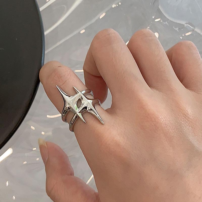 Geometric Starburst Double Layer Adjustable Silver Ring for Women