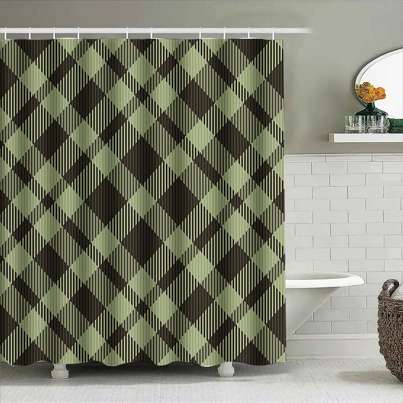 Green Plaid Shower Curtain Waterproof Bathroom Decor Large Size Print Pattern Washable Polyester Bath Mat