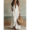 Rochie cămașă maxi pentru femei, cu guler ascuțit, fără mâneci, croială lejeră, uni, cu buzunar, stil boho, de vacanță, casual, lungă, de vară