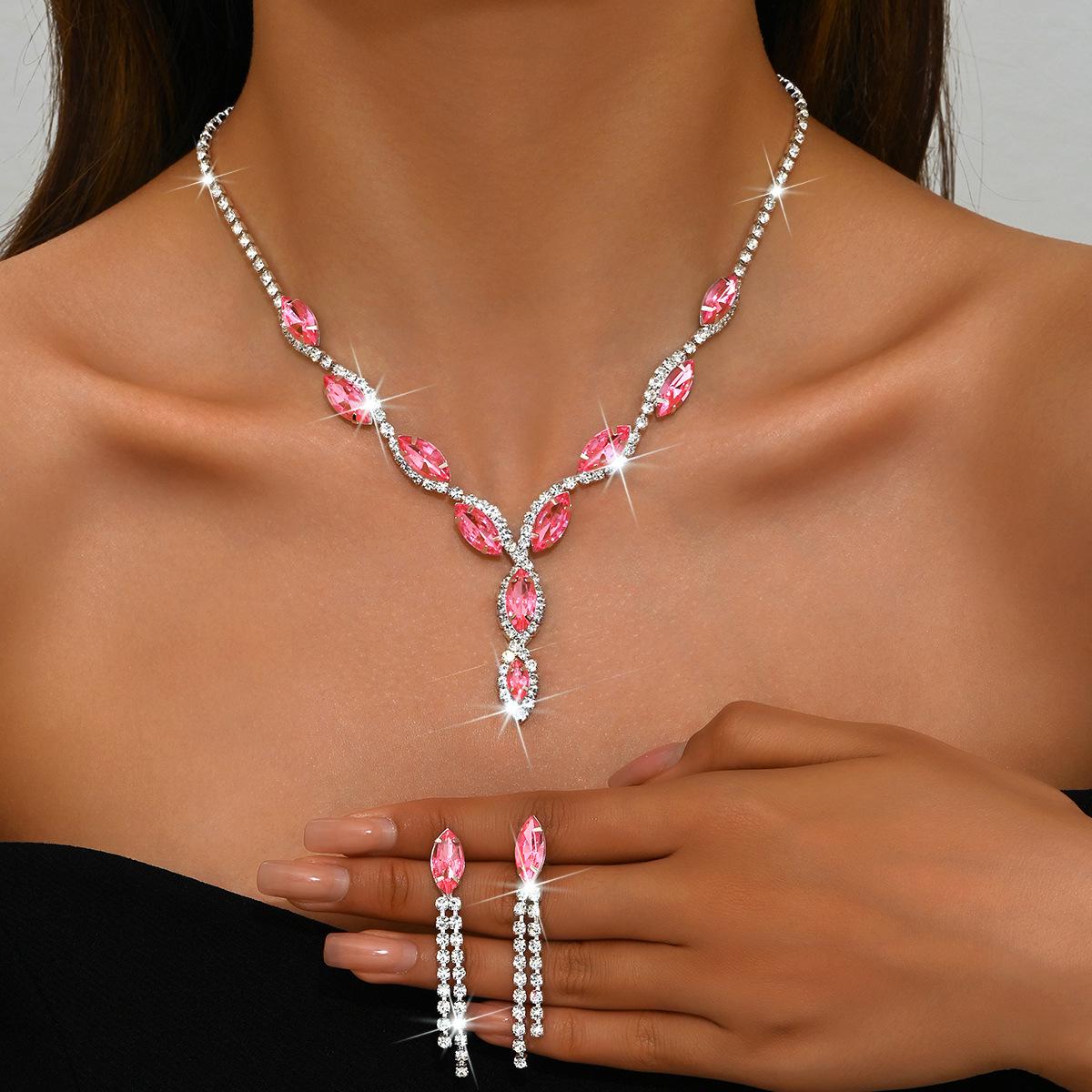 Markise Schliff Wassertropfen Halskette & Quasten Ohrringe Brautschmuck Set rosa
