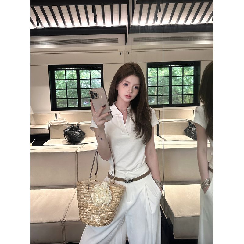 Kumikumi Design Sense Lapel Shoulder Short sleeve T-shirt Women Summer Slimming Drape Casual Pants Trousers Two-piece Set