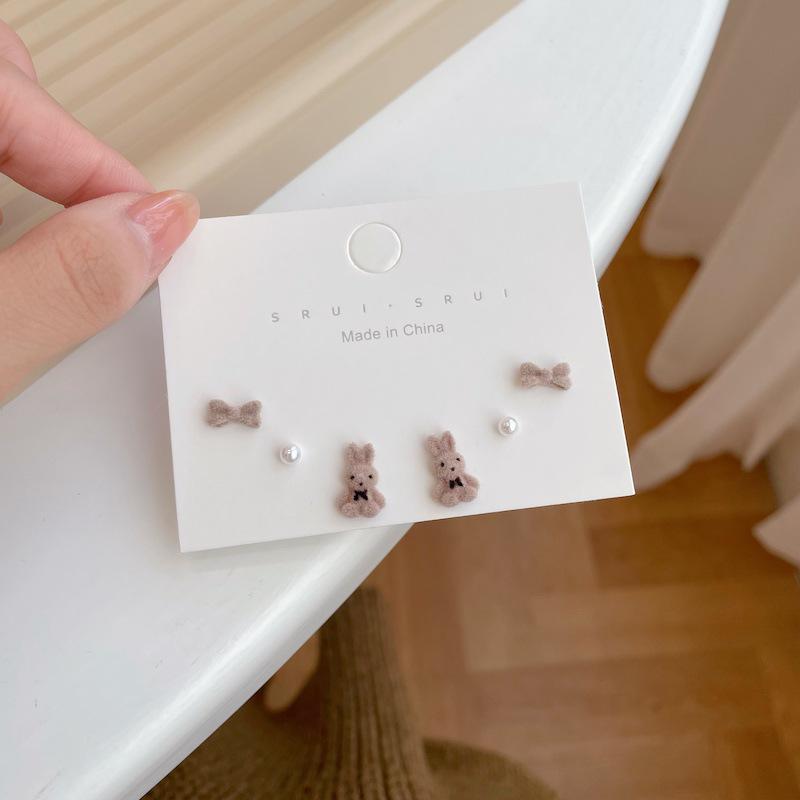 

Набор серег из серебра 925 пробы с милыми медведями и кроличьими ушками - плюшевый корейский/японский стиль для осени/зимы