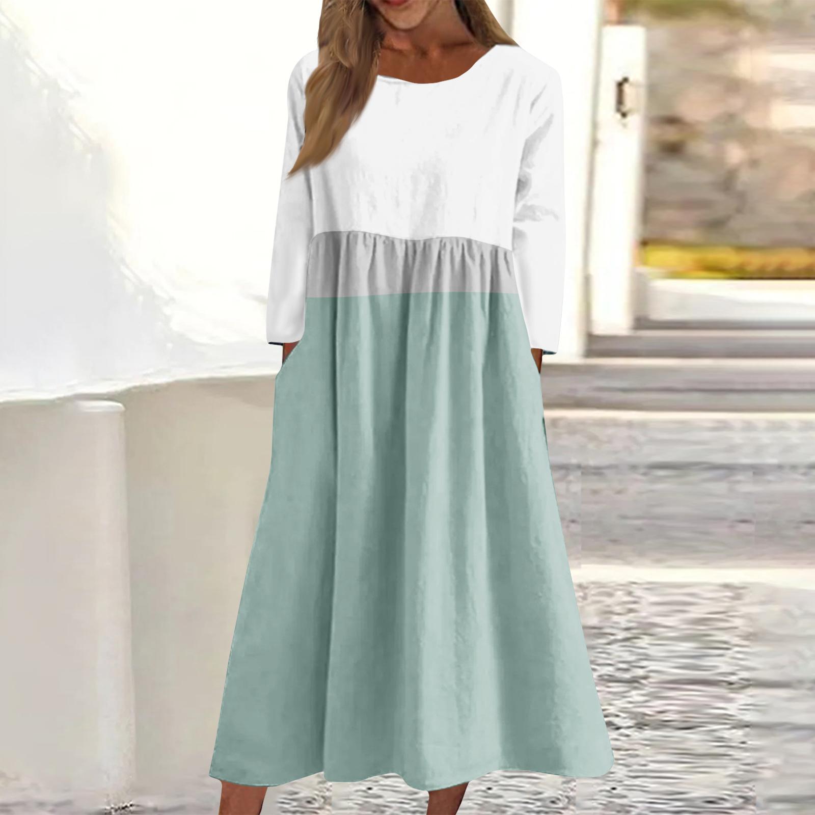 

Женское повседневное миди-платье с круглым вырезом и полосатым принтом, с длинным рукавом и карманом S