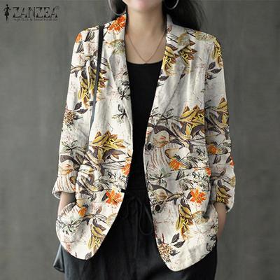 Women Long Sleeve Printed Outerwear Casual Loose Buttons Cotton Blazer Jckets Cardigan Tops