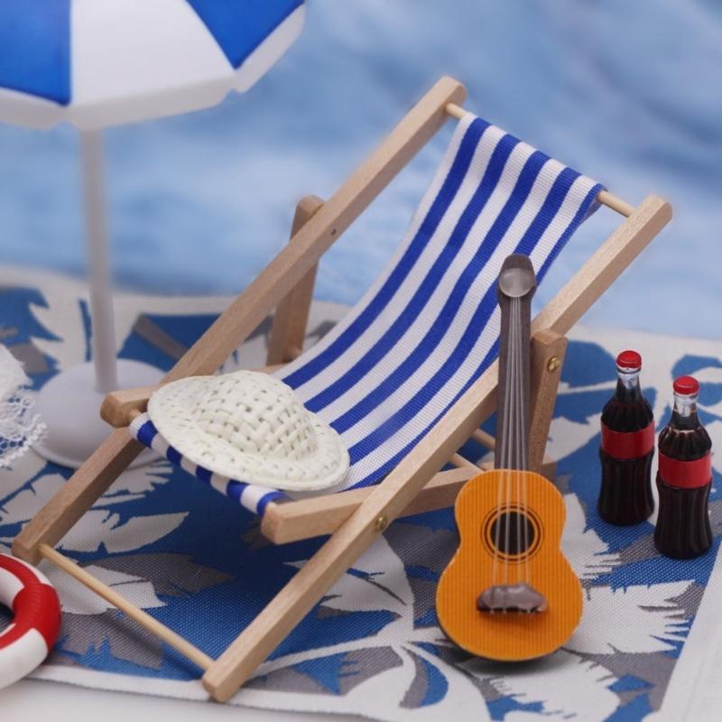 Miniature Seaside Set Doll House Scene Accessory With Wooden Lounge Chair And Sunshade For Kids Imaginative Activity