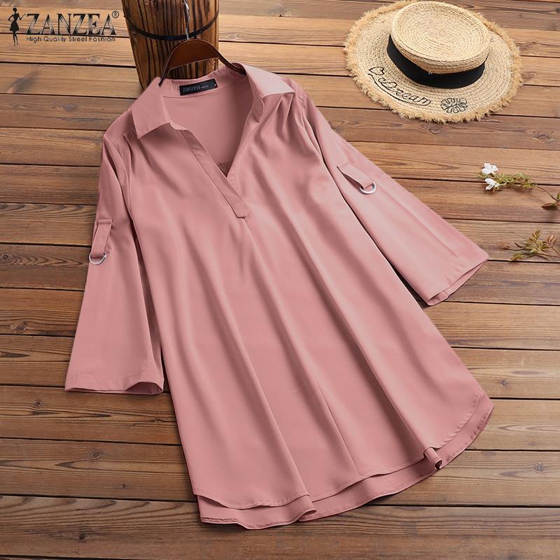 

ZANZEA Повседневный откидной воротник 3/4 рукава Летняя женская блузка